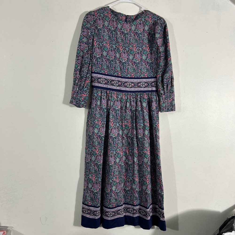 Matti of Lynne Paisley Floral Midi Dress Womens 12 Navy Purple Vintage ILGWU USA